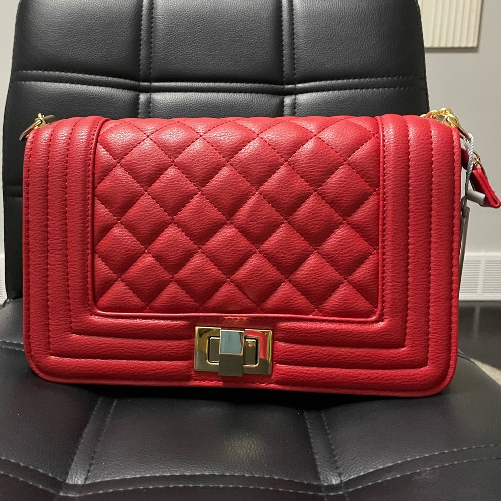 Vegan Leather Purse Red With Gold Chain Strap